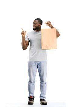 A man, full-length, on a white background, with bags.