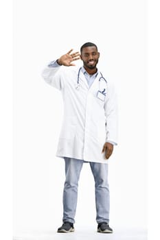 The doctor, in full height, on a white background, waving his hand.