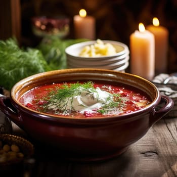 A bowl filled with borscht soup is placed on a table, showcasing the vibrant colors of the soup and the table setting.
