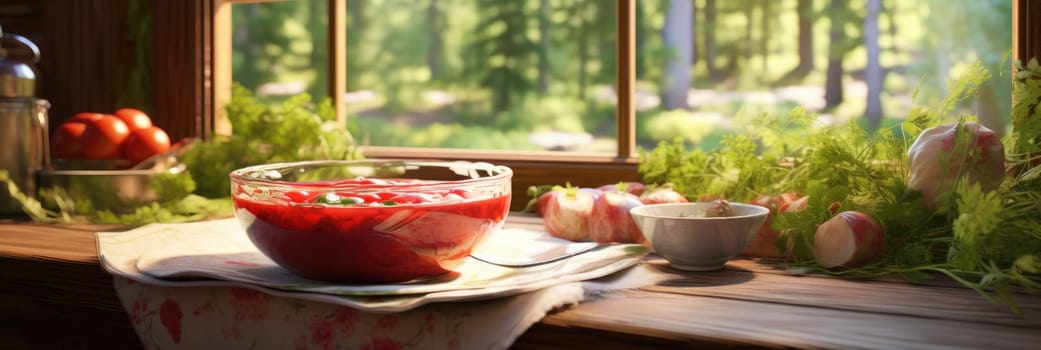 A bowl of borscht soup is placed on top of a table next to a window in a well-lit room.