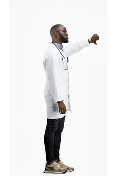 The doctor, in full height, on a white background, shows his finger down.