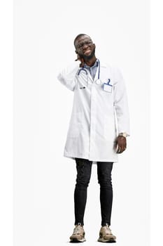The doctor, in full height, on a white background, tired.