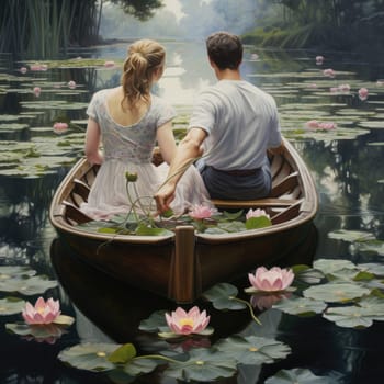 A painting featuring a couple in love in a boat on a serene lake surrounded by lilies.