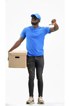 The deliveryman, in full height, on a white background, shows a thumbs up.