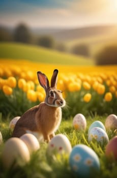 Holiday celebration banner with cute Easter bunny with decorated eggs and spring flowers on green spring meadow. Rabbit in landscape. Happy Easter greeting card, banner, festive background. Copy space