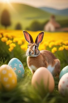Holiday celebration banner with cute Easter bunny with decorated eggs and spring flowers on green spring meadow. Rabbit in landscape. Happy Easter greeting card, banner, festive background. Copy space