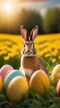 Holiday celebration banner with cute Easter bunny with decorated eggs and spring flowers on green spring meadow. Rabbit in landscape. Happy Easter greeting card, banner, festive background. Copy space