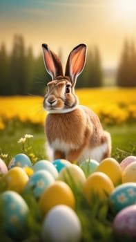 Holiday celebration banner with cute Easter bunny with decorated eggs and spring flowers on green spring meadow. Rabbit in landscape. Happy Easter greeting card, banner, festive background. Copy space