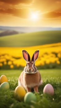 Holiday celebration banner with cute Easter bunny with decorated eggs and spring flowers on green spring meadow. Rabbit in landscape. Happy Easter greeting card, banner, festive background. Copy space