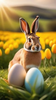 Holiday celebration banner with cute Easter bunny with decorated eggs and spring flowers on green spring meadow. Rabbit in landscape. Happy Easter greeting card, banner, festive background. Copy space