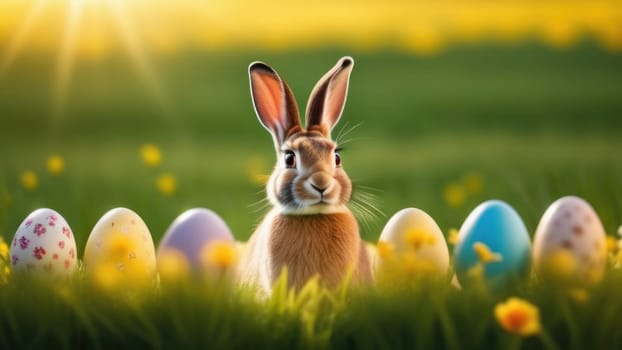 Holiday celebration banner with cute Easter bunny with decorated eggs and spring flowers on green spring meadow. Rabbit in landscape. Happy Easter greeting card, banner, festive background. Copy space