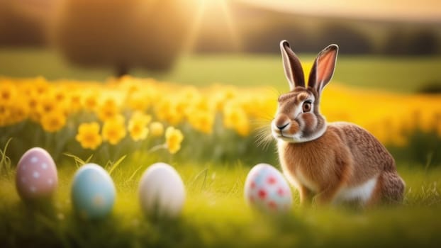 Holiday celebration banner with cute Easter bunny with decorated eggs and spring flowers on green spring meadow. Rabbit in landscape. Happy Easter greeting card, banner, festive background. Copy space