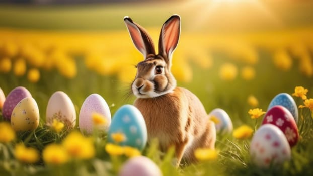 Holiday celebration banner with cute Easter bunny with decorated eggs and spring flowers on green spring meadow. Rabbit in landscape. Happy Easter greeting card, banner, festive background. Copy space