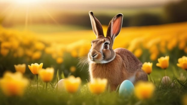Holiday celebration banner with cute Easter bunny with decorated eggs and spring flowers on green spring meadow. Rabbit in landscape. Happy Easter greeting card, banner, festive background. Copy space