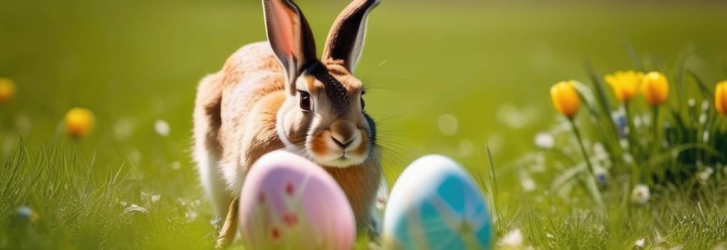 Holiday celebration banner with cute Easter bunny with decorated eggs and spring flowers on green spring meadow. Rabbit in landscape. Happy Easter greeting card, banner, festive background. Copy space