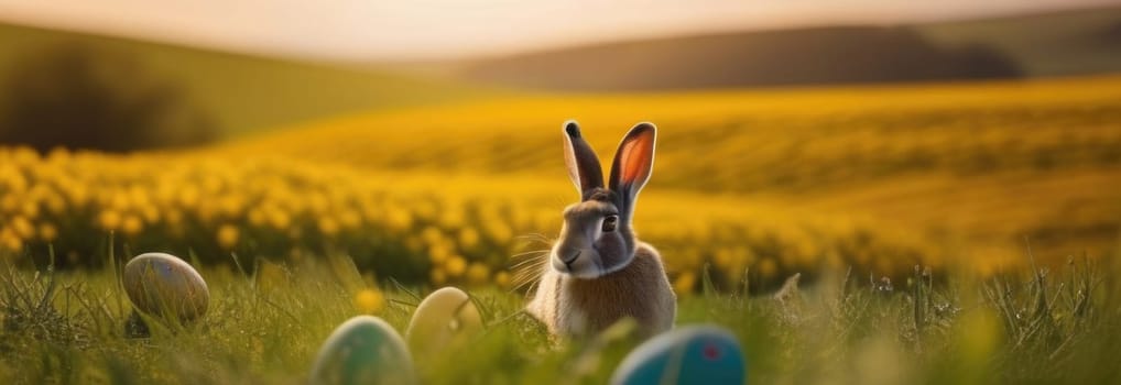 Holiday celebration banner with cute Easter bunny with decorated eggs and spring flowers on green spring meadow. Rabbit in landscape. Happy Easter greeting card, banner, festive background. Copy space