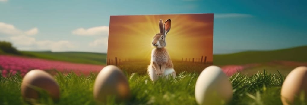 Holiday celebration banner with cute Easter bunny with decorated eggs and spring flowers on green spring meadow. Rabbit in landscape. Happy Easter greeting card, banner, festive background. Copy space