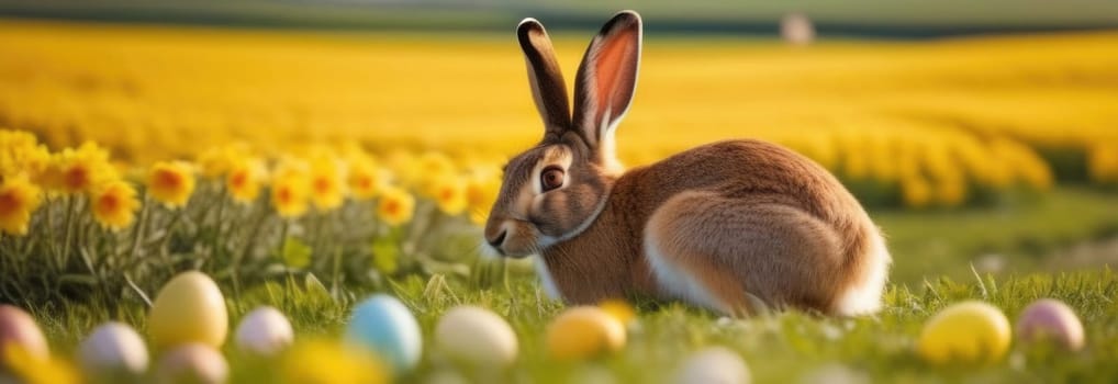 Holiday celebration banner with cute Easter bunny with decorated eggs and spring flowers on green spring meadow. Rabbit in landscape. Happy Easter greeting card, banner, festive background. Copy space