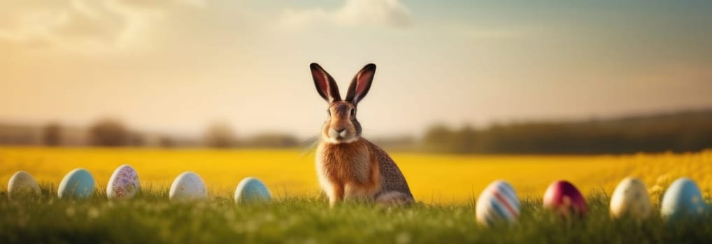 Holiday celebration banner with cute Easter bunny with decorated eggs and spring flowers on green spring meadow. Rabbit in landscape. Happy Easter greeting card, banner, festive background. Copy space