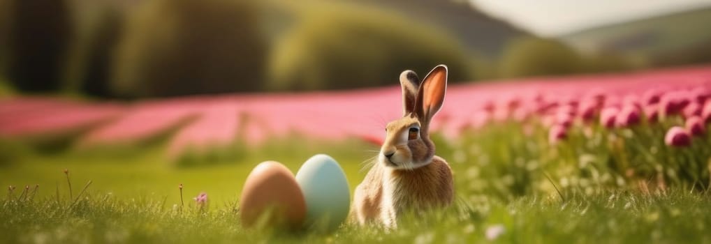 Holiday celebration banner with cute Easter bunny with decorated eggs and spring flowers on green spring meadow. Rabbit in landscape. Happy Easter greeting card, banner, festive background. Copy space