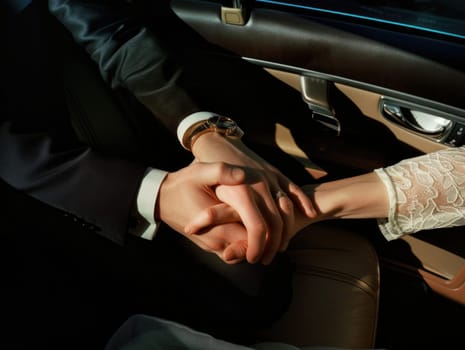 A man and a woman holding hands inside a taxi, expressing their love and connection.