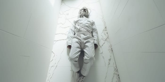 A person dressed in a white suit lies flat on a white floor.