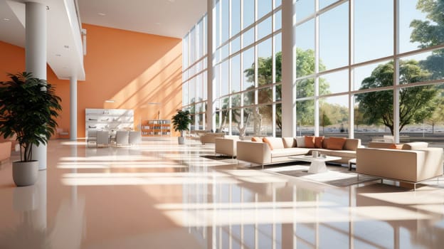 A beautiful modern spacious office hall with panoramic windows and a perspective.
