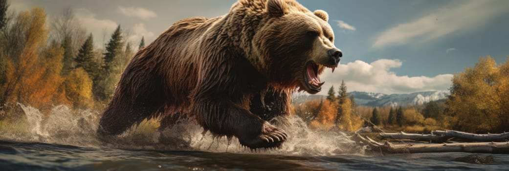 A powerful grizzly bear dashes through the water with incredible speed.