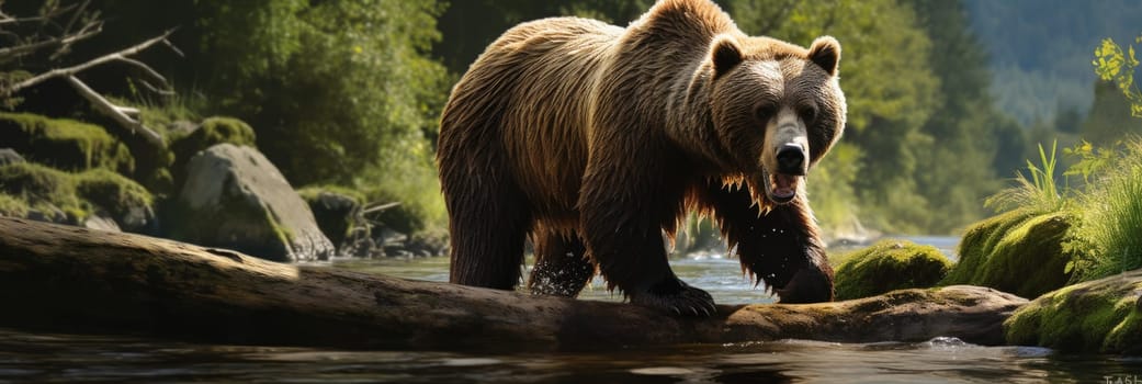 A powerful and majestic large brown bear walking across a river.