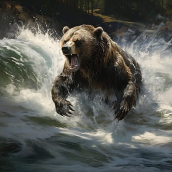 A painting capturing a grizzly bear swimming in the water.