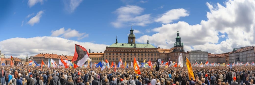 A large crowd of individuals standing in front of a building during a demonstration, expressing their collective voice.