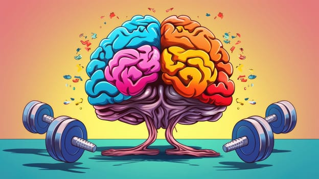 An illustrated drawing of a brain with dumbbells positioned in front of it, representing the concept of brain training and mental fitness.