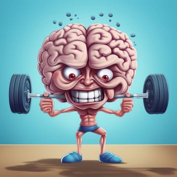 A cartoon depiction of a brain engaged in weightlifting, showcasing its strength and determination.