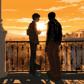 Two men stand side by side on a balcony, smoking.