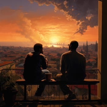 Two individuals sit on a bench, observing the view of a cityscape.