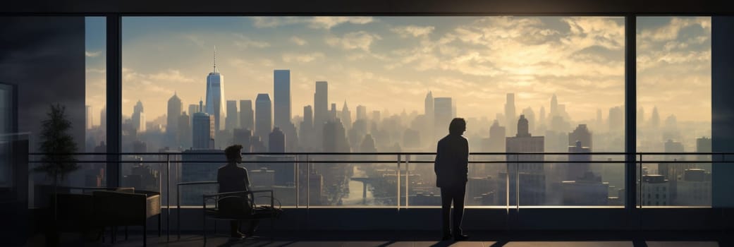 A man stands in front of a window, gazing out at the sprawling city below.