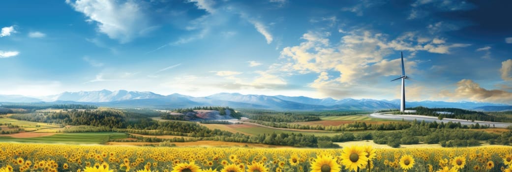 A field filled with sunflowers extends into the distance, with a windmill standing tall against the horizon.