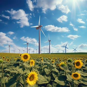 A picturesque field filled with sunflowers and windmills, set against a clear blue sky.