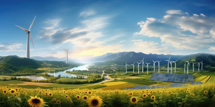 A picturesque field showcasing a vibrant array of sunflowers with a traditional windmill standing elegantly in the background.