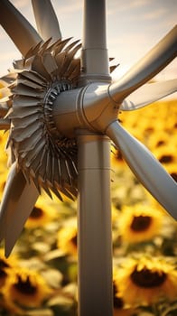 A detailed view of a wind turbine standing tall amidst a vibrant field of sunflowers.