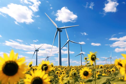 A vibrant field of sunflowers with towering wind turbines in the background.