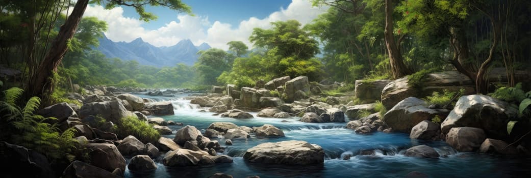 This photo depicts a detailed painting of a river moving through a lush forest, showcasing the serene beauty of nature.