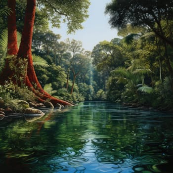 This photo showcases a painting depicting a river flowing amidst a forest of tall trees.