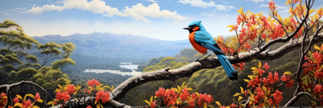 A painting capturing the image of a bird sitting on a branch of a tree.