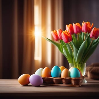 Table with vase of tulips, colorful Easter eggs. Basket of eggs and vase of tulips on kitchen table near window. Happy Easter greeting card, banner, festive background. Blurred background. Copy space