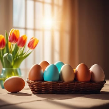 Table with vase of tulips, colorful Easter eggs. Basket of eggs and vase of tulips on kitchen table near window. Happy Easter greeting card, banner, festive background. Blurred background. Copy space