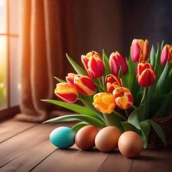Table with vase of tulips, colorful Easter eggs. Basket of eggs and vase of tulips on kitchen table near window. Happy Easter greeting card, banner, festive background. Blurred background. Copy space