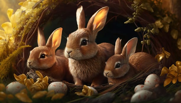 Three adorable bunnies nestled among Easter eggs and spring flowers