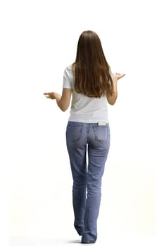 A woman, full-length, on a white background.