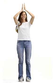 A woman, full-length, on a white background, claps.